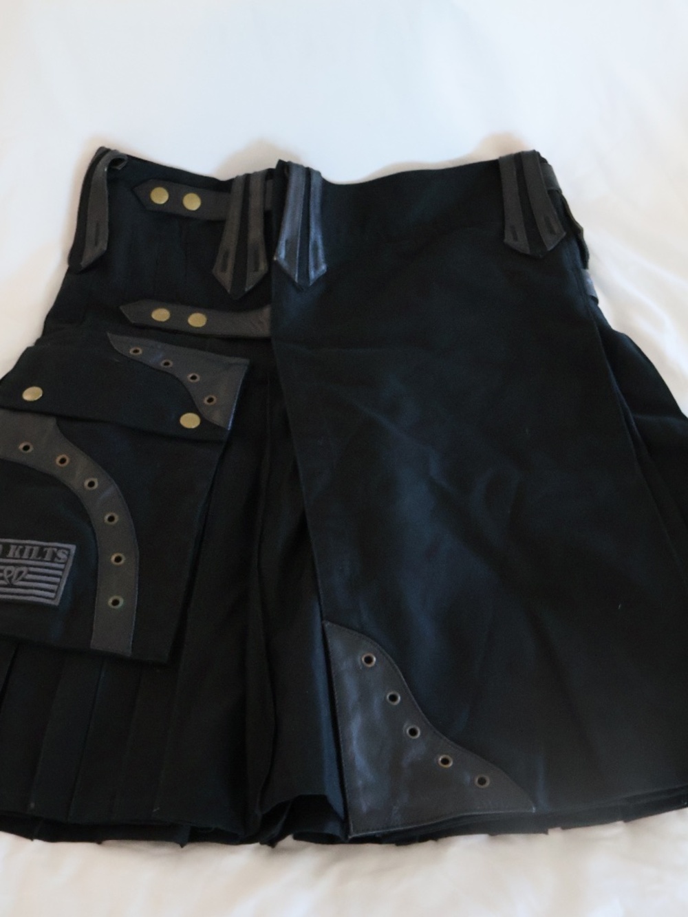 PD Kilts black utility kilt with leather accents Tartan Twill pleated